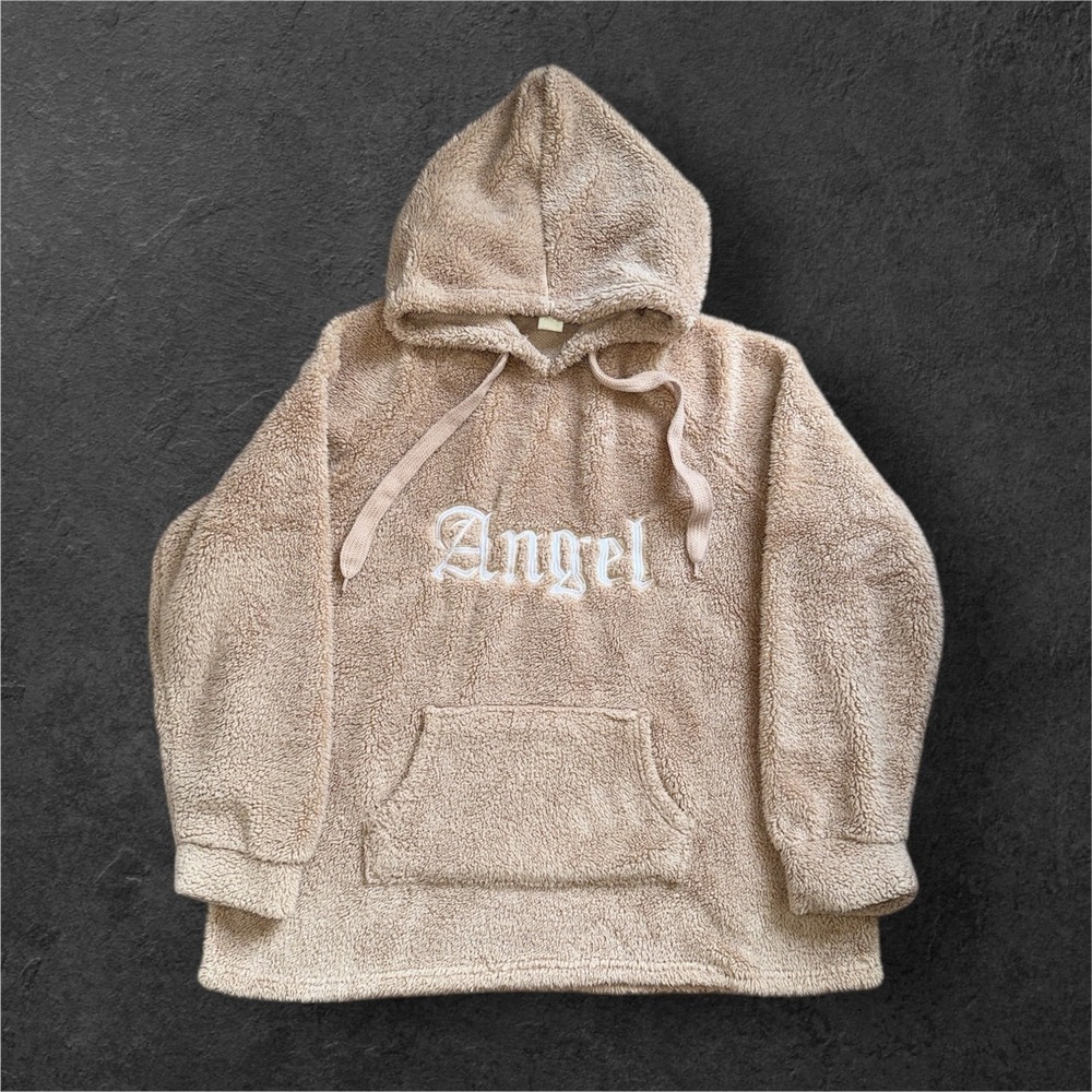 End of Story Sherpa Fleece Hoodie Women XL‎ Tan Beige Embroidered Pullover Angel